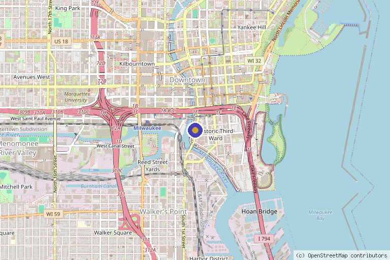 Map showing the location of AESTHETICS 360° Face & Body Center in Milwaukee, WI