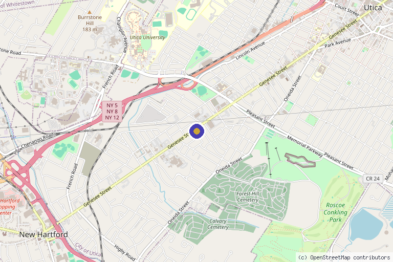 Map showing the location of Renovatio Aesthetics and Wellness in Utica, NY
