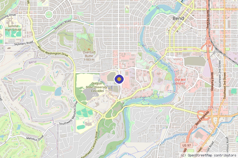 Map showing the location of B-Line Clinic Hyperbaric Oxygen & Wellness in Bend, OR