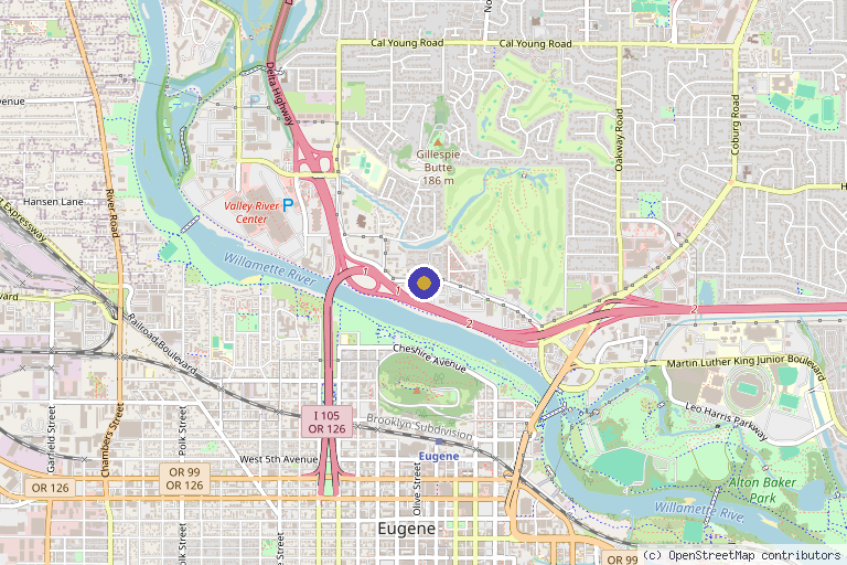 Map showing the location of Dr. Justin Hudson in Eugene, OR