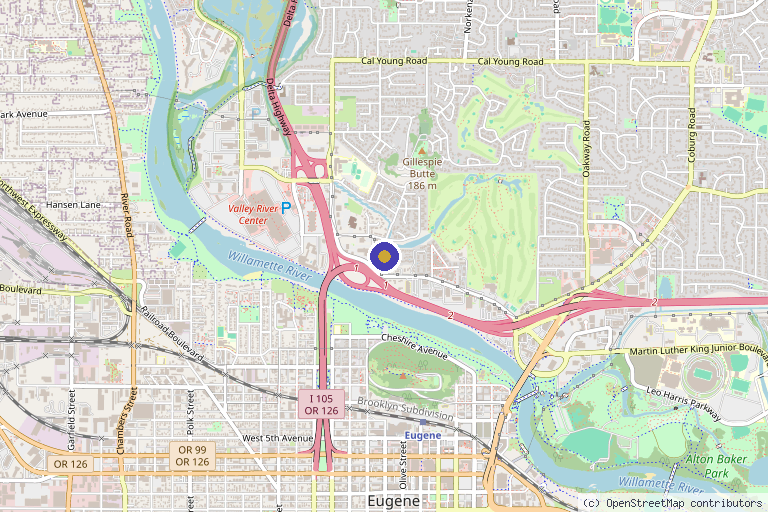 Map showing the location of Alora Wellness Spa in Eugene, OR