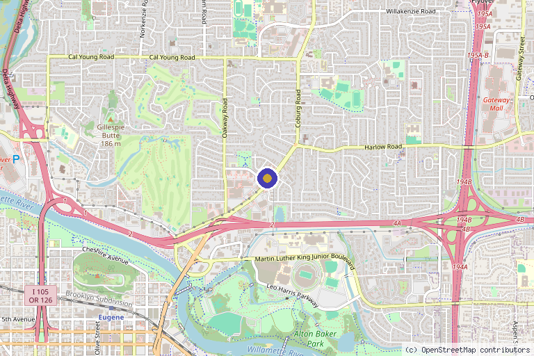 Map showing the location of Brighter Smiles Med Spa and Laser Center in Eugene, OR