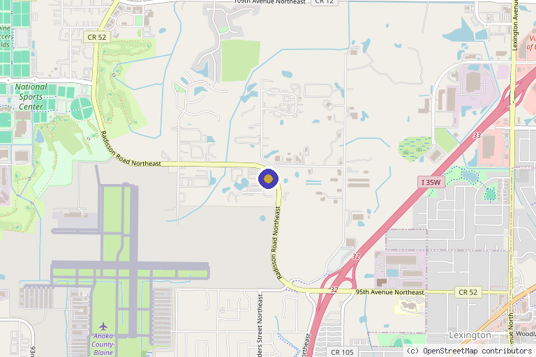 Map showing the location of Twin Cities Animal Rehabilitation + Sports Medicine Clinic - North in Blaine, MN