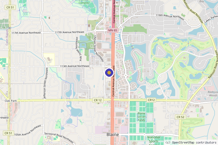 Map showing the location of Twin Cities Orthopedics with Urgent Care Blaine in Blaine, MN
